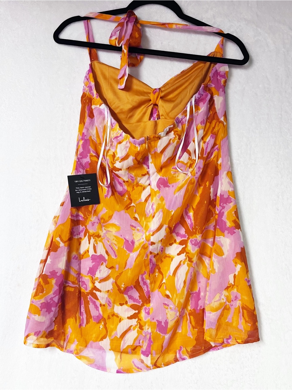 Lulus Sabine Orange Multi Floral Halter Mini Dress Size L NWT - Picture 7 of 11